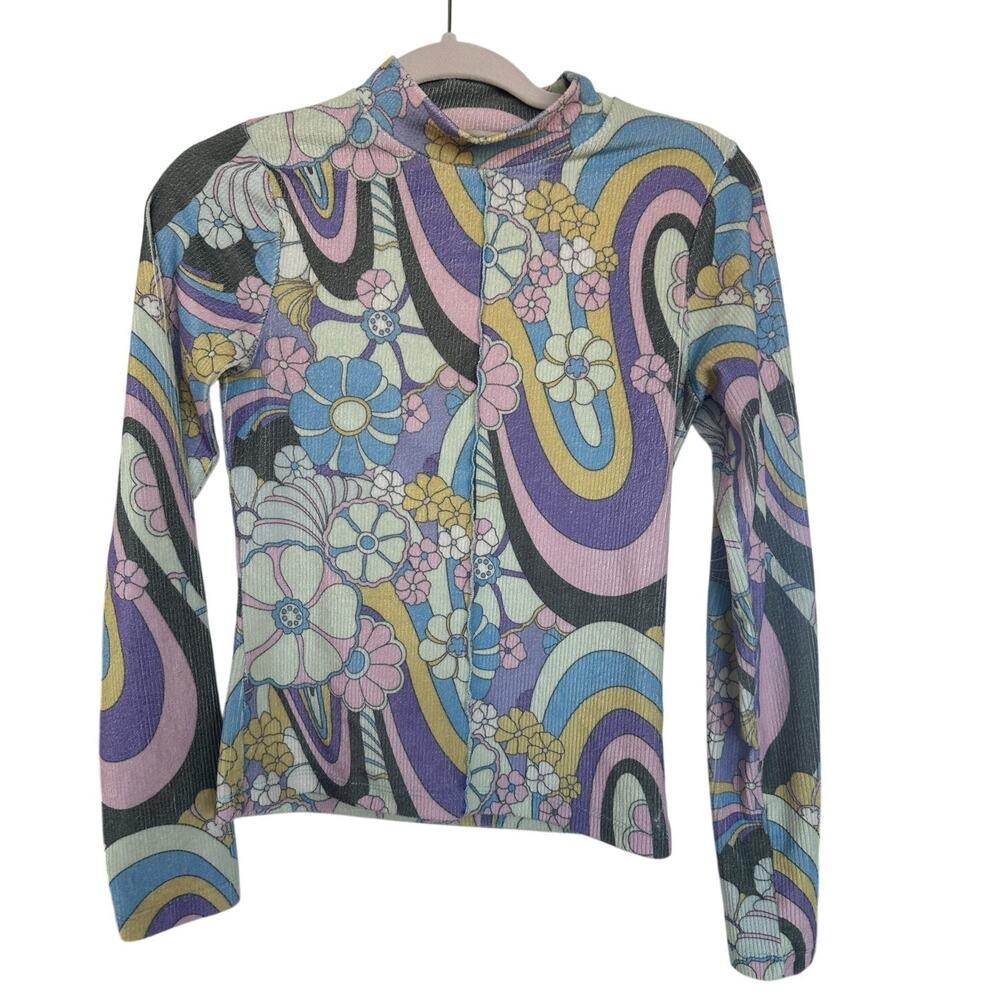 Damson Madder Peggy Psychedelic Ribbed Love Sleeve Mock Neck Top Size 10 NWOT